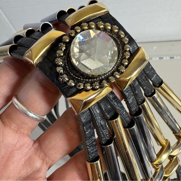 Vintage 80s Rare Jose Cotel Paris Black Jeweled Art Deco Leather Belt - Picture 9 of 16